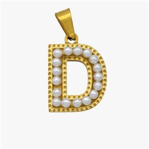 Stainless Steel Pendant Pave Pearlized Resin Letter-D Gold Plated, approx 10-15mm