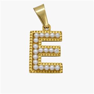 Stainless Steel Pendant Pave Pearlized Resin Letter-E Gold Plated, approx 10-15mm