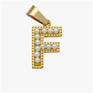 Stainless Steel Pendant Pave Pearlized Resin Letter-F Gold Plated, approx 10-15mm