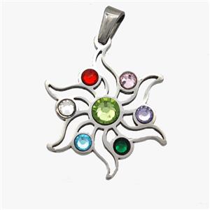 Raw Stainless Steel Flower Pendant Micropave Rhinestone Chakra, approx 24mm