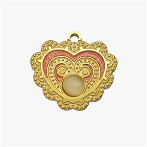 Stainless Steel Heart Pendant Pave White Jade Gold Plated, approx 16.5mm