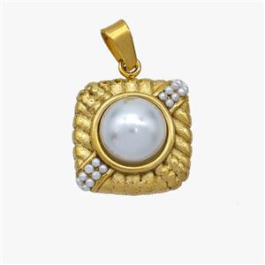 Stainless Steel Square Pendant Pave Pearlized Resin Gold Plated, approx 15x15mm