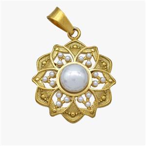 Stainless Steel Flower Pendant Pave Pearlized Resin Gold Plated, approx 18mm