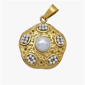 Stainless Steel Flower Pendant Pave Pearlized Resin Gold Plated, approx 18mm