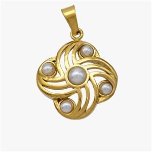 Stainless Steel Flower Pendant Pave Pearlized Resin Gold Plated, approx 18mm