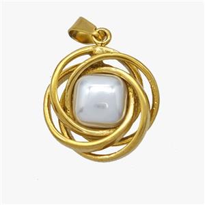 Stainless Steel Flower Pendant Pave Pearlized Resin Gold Plated, approx 17mm