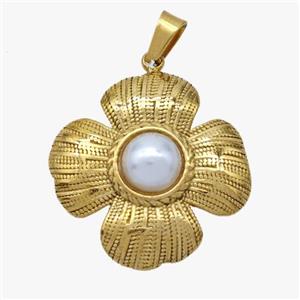 Stainless Steel Flower Pendant Pave Pearlized Resin Gold Plated, approx 24mm