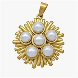 Stainless Steel Flower Pendant Pave Pearlized Resin Gold Plated, approx 23mm