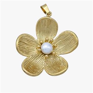 Stainless Steel Flower Pendant Pave Pearlized Resin Gold Plated, approx 30mm