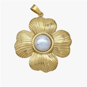 Stainless Steel Flower Pendant Pave Pearlized Resin Gold Plated, approx 30mm