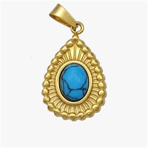 Stainless Steel Teardrop Pendant Pave Blue Howlite Gold Plated, approx 14-19mm