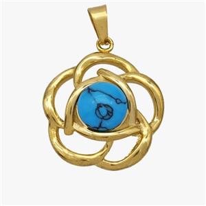 Stainless Steel Flower Pendant Pave Blue Howlite Gold Plated, approx 20mm