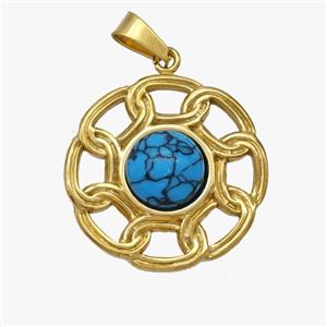 Stainless Steel Flower Pendant Pave Blue Howlite Gold Plated, approx 21mm