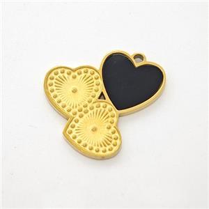 Stainless Steel Heart Pendant Pave Black Acrylic Cluster Gold Plated, approx 16mm