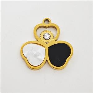 Stainless Steel Clover Pendant Pave Shell Acrylic Rhinestone Gold Plated, approx 15mm