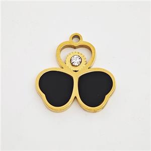 Stainless Steel Clover Pendant Pave Black Acrylic Rhinestone Gold Plated, approx 15mm