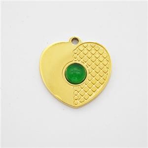 Stainless Steel Heart Pendant Pave Green Jade Gold Plated, approx 14mm