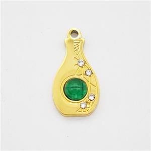 Stainless Steel Vase Pendant Pave Green Jade Rhinestone Bottle Gold Plated, approx 8-14mm