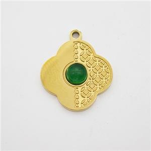 Stainless Steel Clover Pendant Pave Jade Gold Plated, approx 14mm