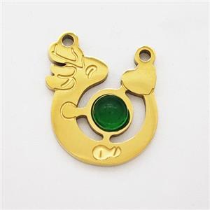 Stainless Steel Loong Pendant Pave Green Jade Heart 2loops Gold Plated, approx 13-16mm