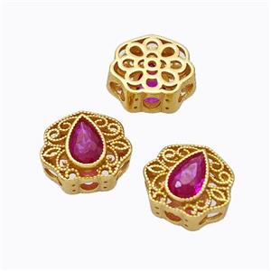 925 Sterling Silver Flower Beads Pave Tourmaline Hollow Gold Plated, approx 7-8.5mm