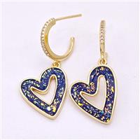 Copper Heart Stud Earrings Pave Fire Opal Zircon 18K Gold Plated, approx 17-19mm, 15mm dia