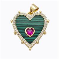 Copper Heart Pendant Pave Malachite Zirconia Gold Plated, approx 20mm