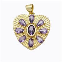 Copper Heart Pendant Micropave Purple Zirconia Gold Plated, approx 21mm