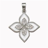 Copper Clover Pendant Micro Pave Zirconia White Enamel Platinum Plated, approx 20mm
