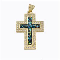 Copper Cross Pendant Micropave Zirconia Multicolor Fire Opal 18K Gold Plated, approx 19-25mm