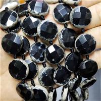 Black Agate Beads Faceted Coin, approx 20mm, 17pcs per st