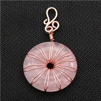 Pink Rose Quartz Donut Pendant Wire Wrapped Rose Gold, approx 30mm