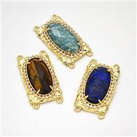 Natural Gemstone Oval Connector Copper Pave Zirconia Gold Plated Mixed, approx 16-26mm