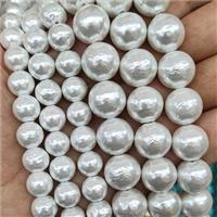 Baroque Style White Pearlized Shell Round Beads Hammered, approx 12mm dia