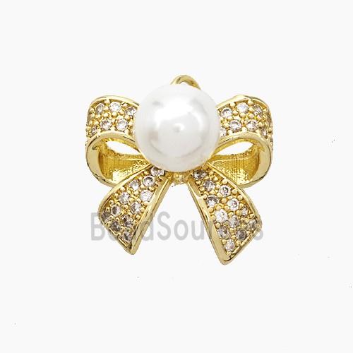 Copper Knotbow Pendant Pave Zirconia White Pearlized Resin Gold Plated