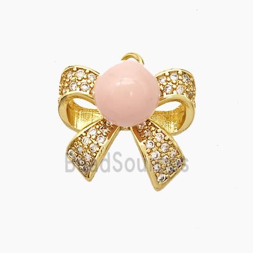 Copper Knotbow Pendant Pave Zirconia Pink Pearlized Resin Gold Plated