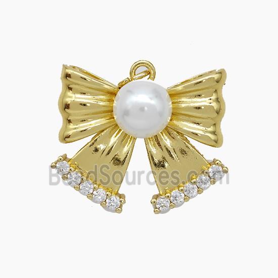 Copper Knotbow Pendant Pave Zirconia White Pearlized Resin Gold Plated