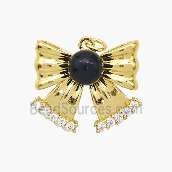 Copper Knotbow Pendant Pave Zirconia Black Pearlized Resin Gold Plated