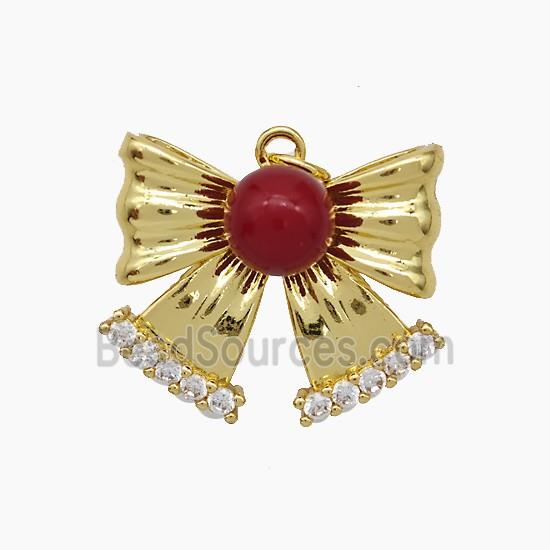 Copper Knotbow Pendant Pave Zirconia Red Pearlized Resin Gold Plated