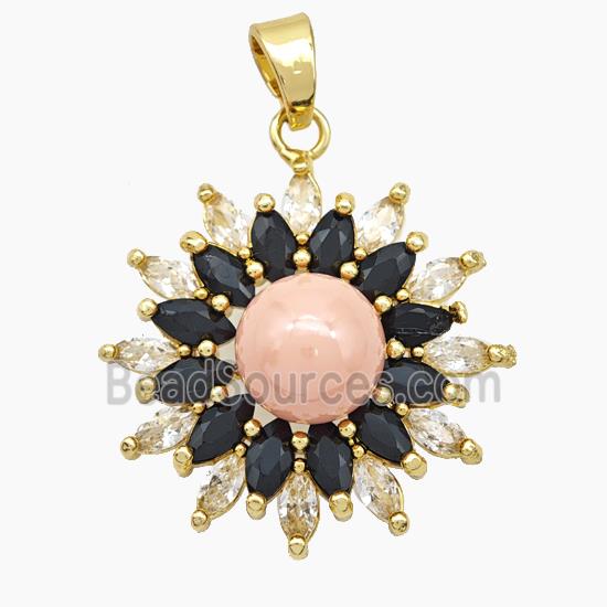 Copper Flower Pendant Pave Zirconia Pink Pearlized Resin Gold Plated