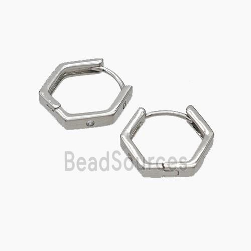 Copper Hexagon Hoop Earrings Micropave Zirconia Platinum Plated