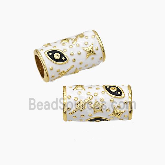 Copper Tube Beads White Enamel Star Eye Large Hole Gold Plated