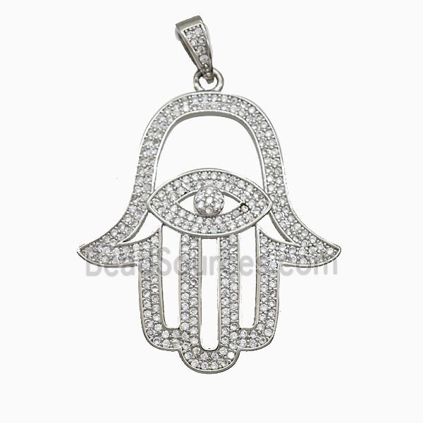 Copper Hansahand Pendant Micropave Zirconia Eye Platinum Plated