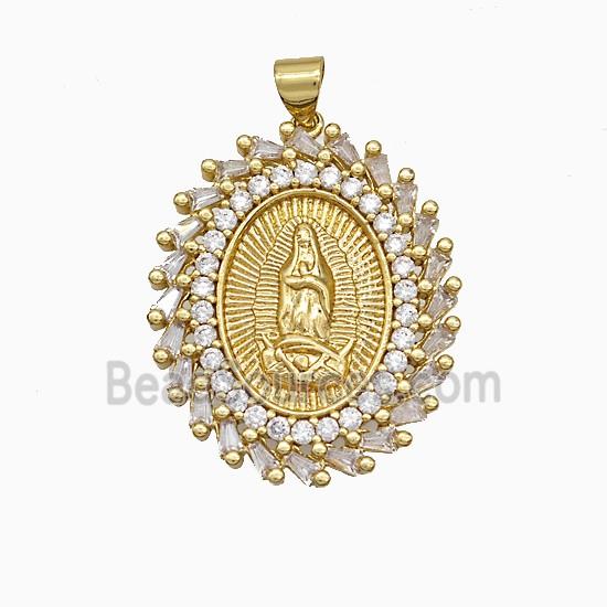 Copper Virgin Mary Pendant Pave Zirconia Oval Gold Plated