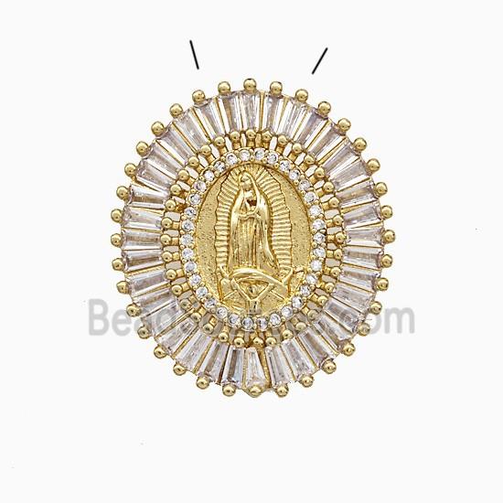 Copper Virgin Mary Pendant Pave Zirconia Oval Gold Plated