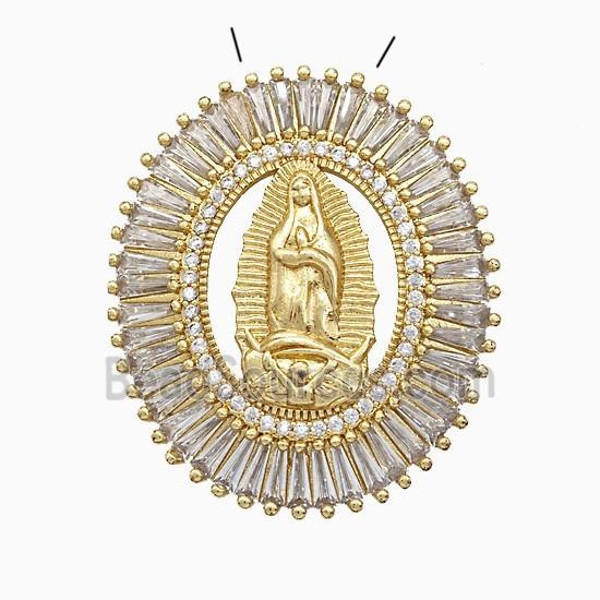 Copper Virgin Mary Pendant Pave Zirconia Oval Gold Plated