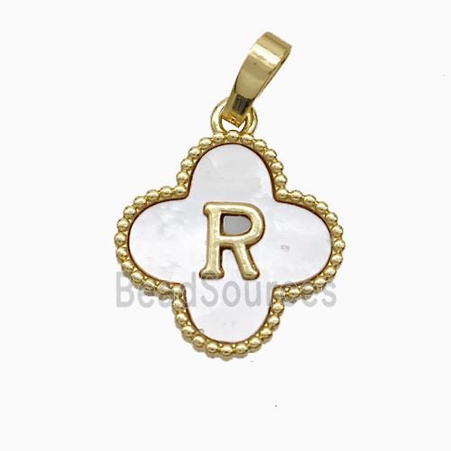 Copper Clover Pendant Pave Shell Letter-R 18K Gold Plated