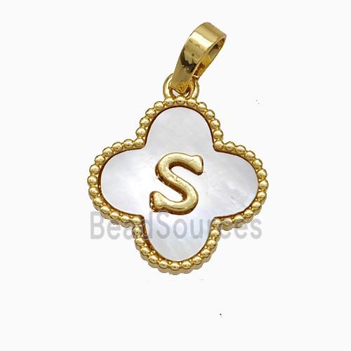 Copper Clover Pendant Pave Shell Letter-S 18K Gold Plated