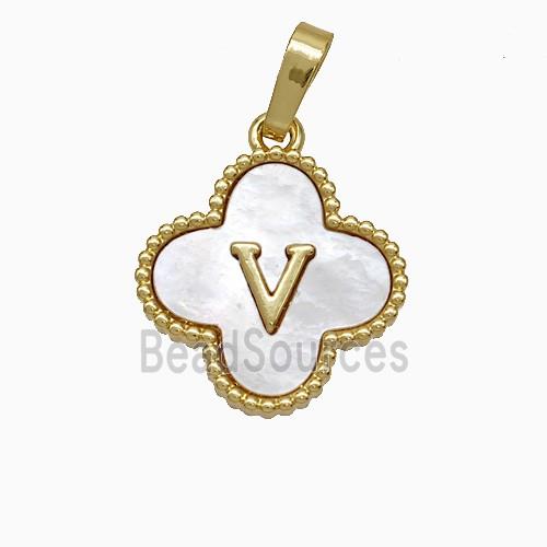 Copper Clover Pendant Pave Shell Letter-V 18K Gold Plated