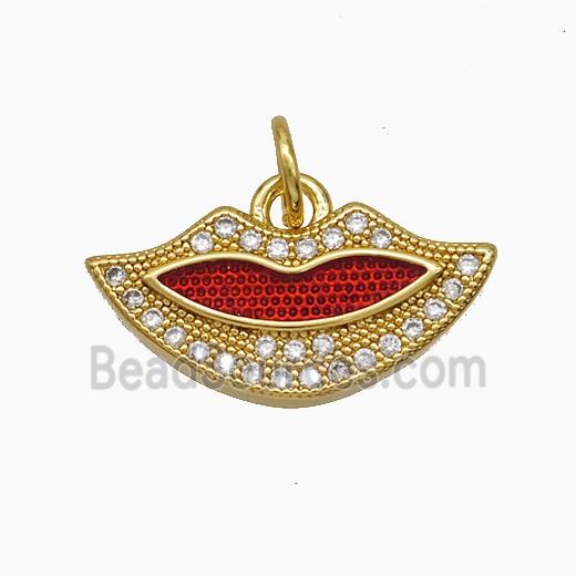 Copper Lips Pendant Pave Zirconia Red Painted 18K Gold Plated